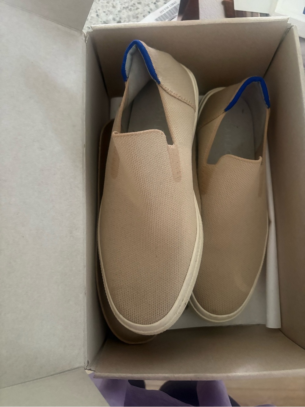 Rothy's Tan Slip-On Loafers with Blue Heel Tab